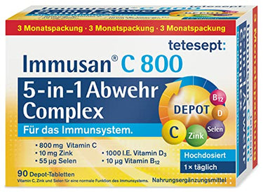 tetesept Immusan C 800 5-in-1 Depot Complex – für das Immunsystem – Nahrungsergänzungsmittel mit Vitamin C, D, B12, Zink und Selen – 1 x 90 Tabletten (3 Monatspackung) im Sale